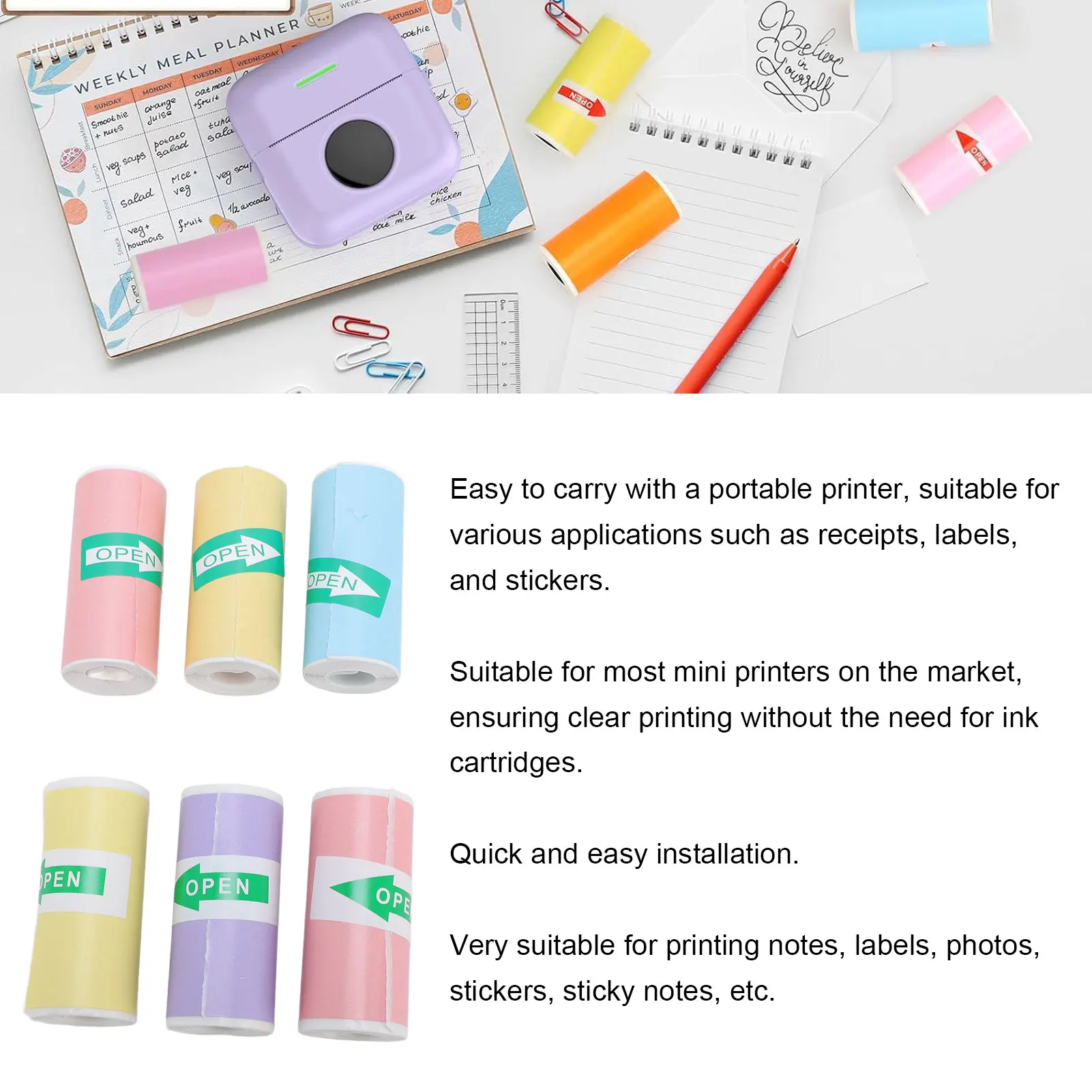 6 Roll Thermal Printing Paper Multi Color 57x25mm Smoothly Self Adhesive Thermal Inkless Printer Paper for Photo Note Label