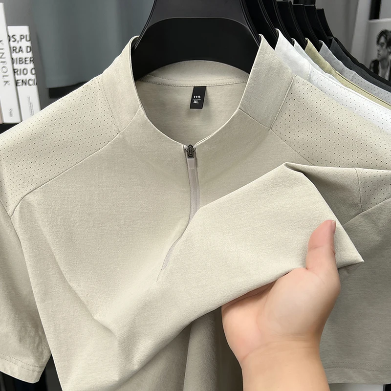 Fashion half zipper stand up collar short sleeve T-shirt men's high-end summer new thin breathable solid color casual sports top