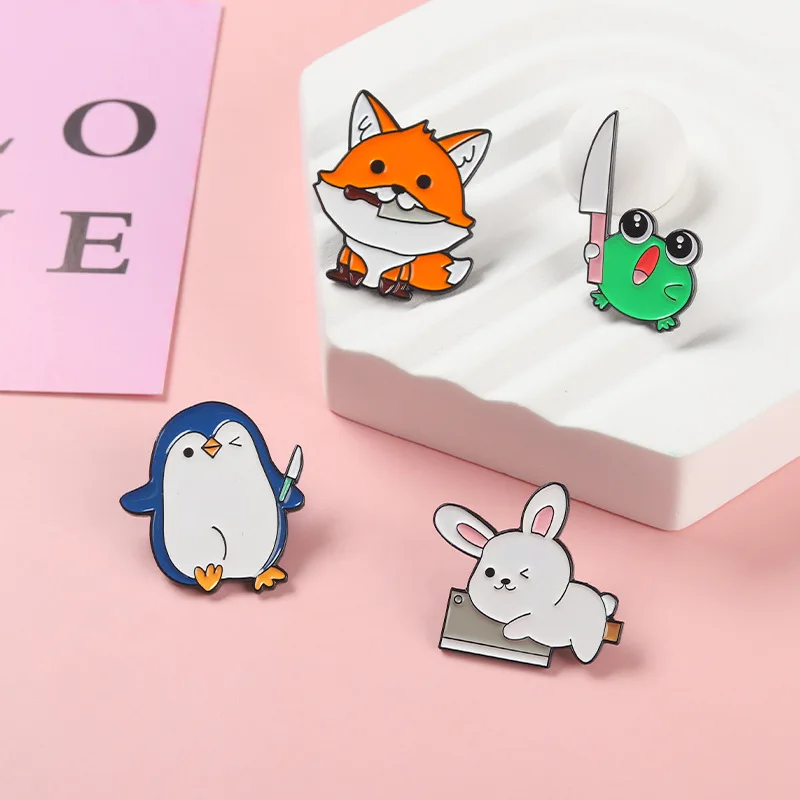 Cute Cartoon Knife Animal Alloy Enamel Brooch Creative Fox Rabbit Frog Metal Badges Trendy Backpack Accessories Jewelry Gifts