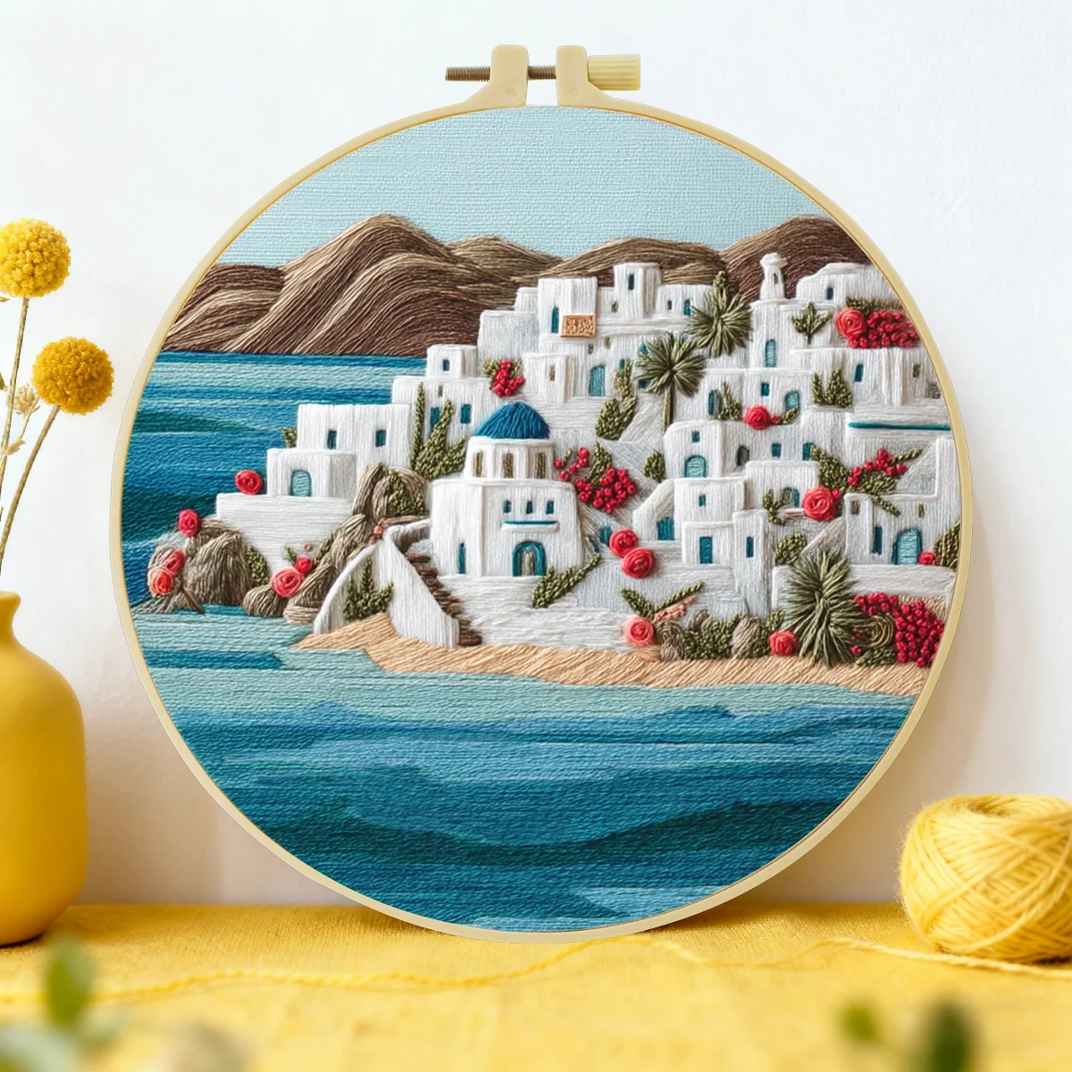 1 Stück 20X20CM/15X15CM 7,87/6,3 Zoll Stickerei-Starter-Kit DIY-Kit Heimdekoration, Das Haus am Meer, Stickerei-Kit – Detail 6