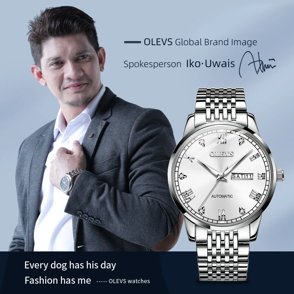 Reloj OLEVS para hombre, reloj mecánico clásico automático, vestido de lujo de acero inoxidable, reloj informal resistente al agua con calendario de día/fecha