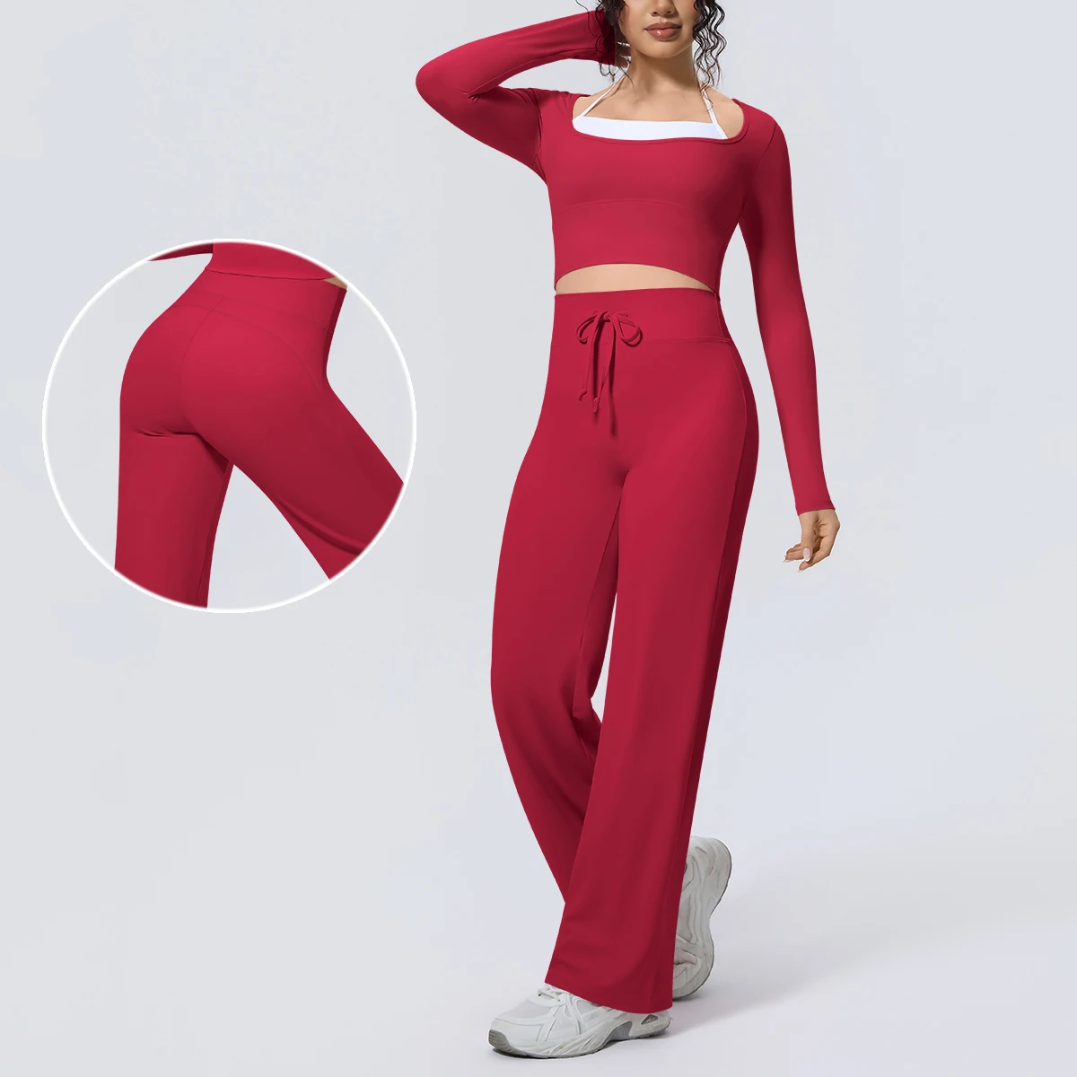 

2PCS Yoga Set Long Sleeves Running Top with Chest Pad Solid Color High Waisted Drawstring Yoga Pants Loose Breathable Yoga Set