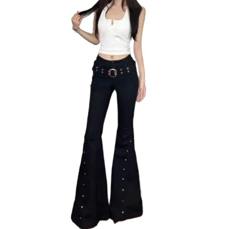 European and American Fried Street Pants, Black Micro-flared Rivet Pants, Trendy  American High Street Narrow Denim Cargo Pants