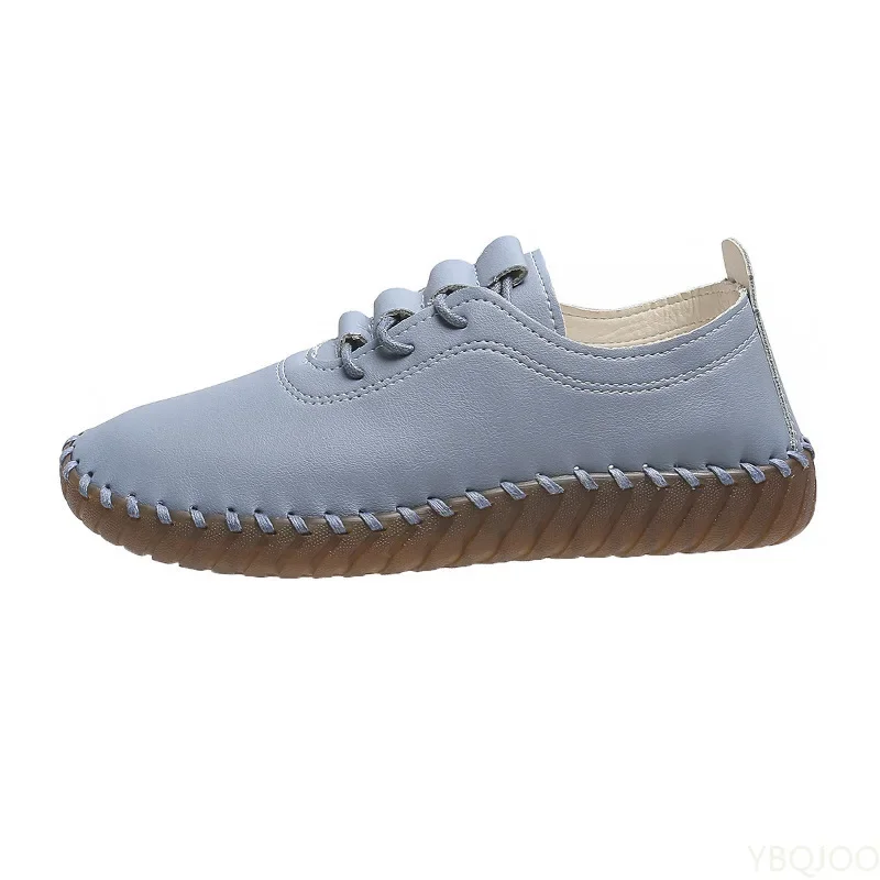 Zapatos planos de primavera para mujer, calzado informal con cordones para uso diario, de cuero genuino, con músculos de vaca, fondo suave, costura hecha a mano, 2022