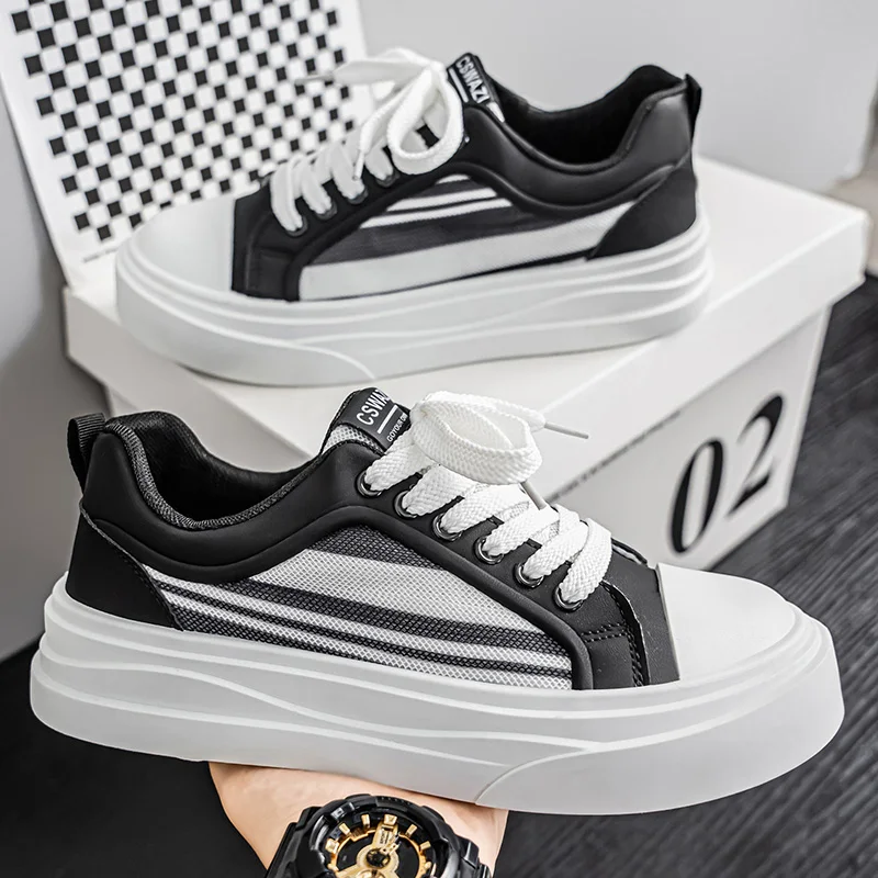 Fashion Men Mesh Breathable Board Shoes Color Stripe Thick Platform Sole Lace‑up Summer Daily Street Sneakers