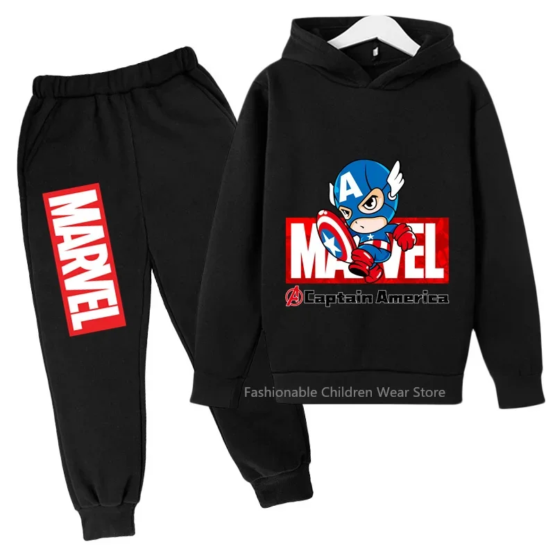 New Marvel Q-Edition Captain America Print Hoodie & Pants Set - Kids' Cotton Capped Outfit for Casual Styles