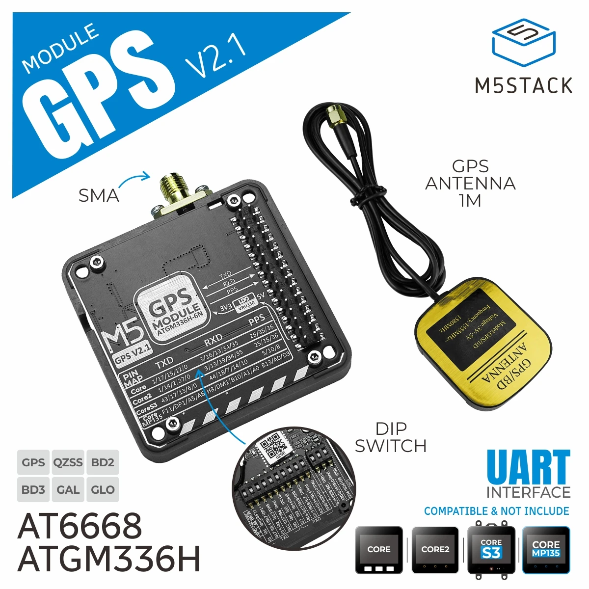 M5Stack Official GPS Module v2.1 with Antenna (ATGM336H)