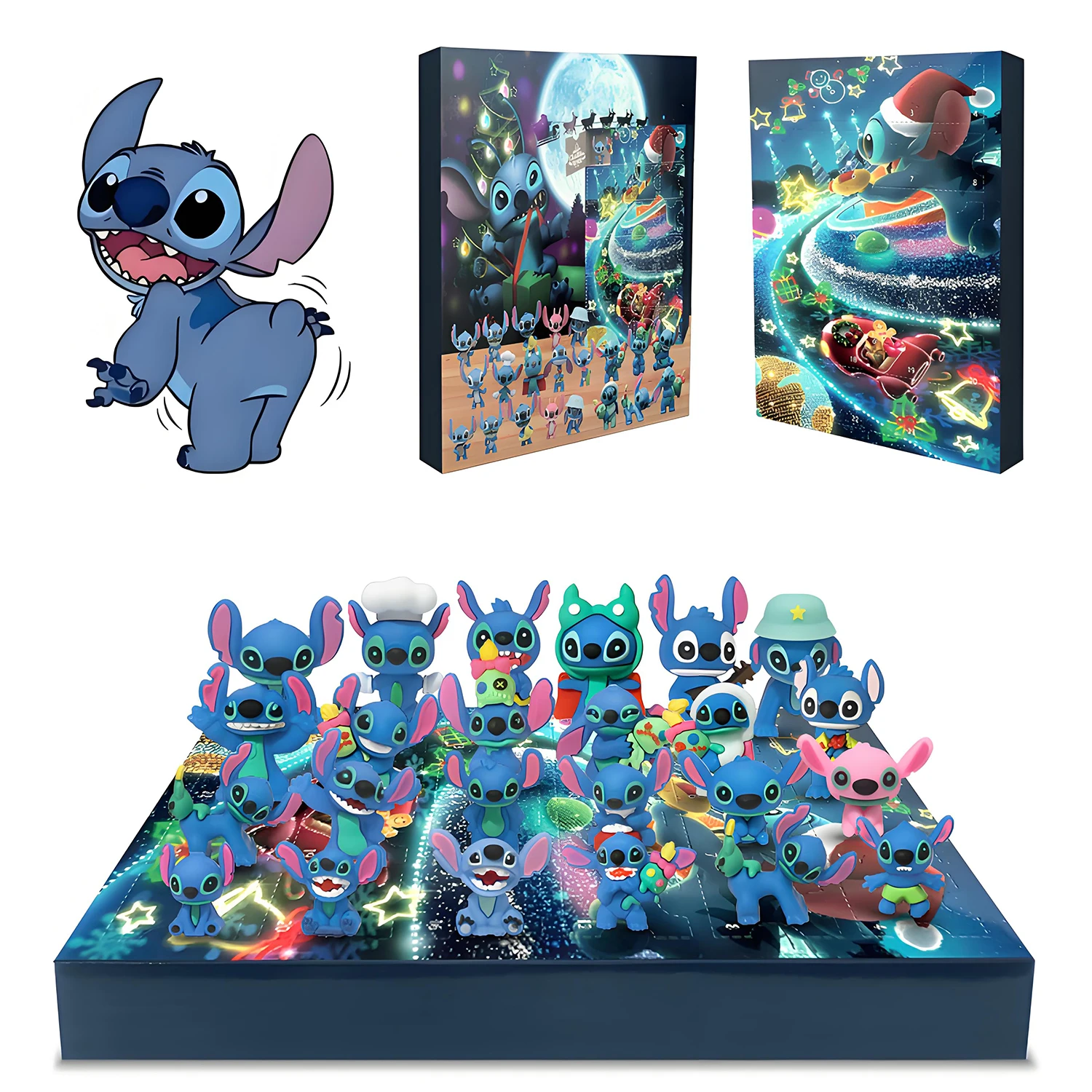 Caja de calendario de Adviento de Stitch de Disney, calendarios de cuenta regresiva de Navidad de 24 días, modelo de figura de acción, muñecas, juguetes, regalo para niños