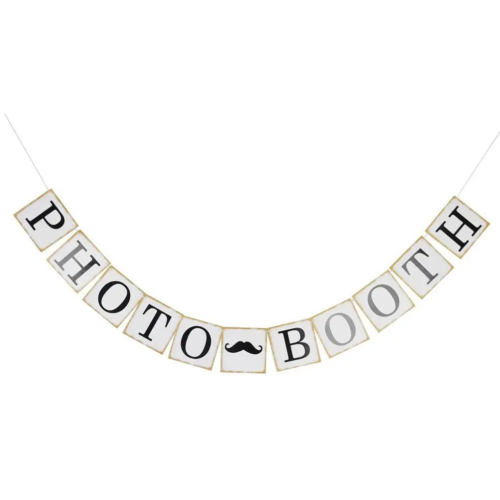 

1 Wedding Booth 12x12cm Banner Black White Bridal Party Decoration Golden Bridal Decoration 240cm Cord Props