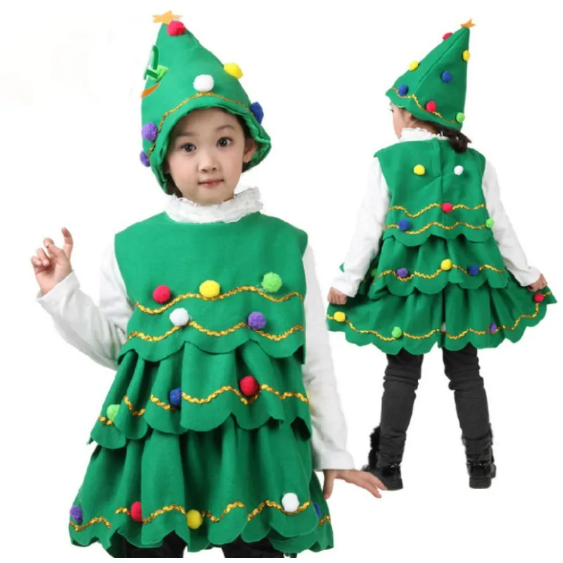 Árvore de Natal para meninas Cosplay Trajes, vestido verde infantil, chapéu, traje de performance, festa de carnaval, presentes para menina