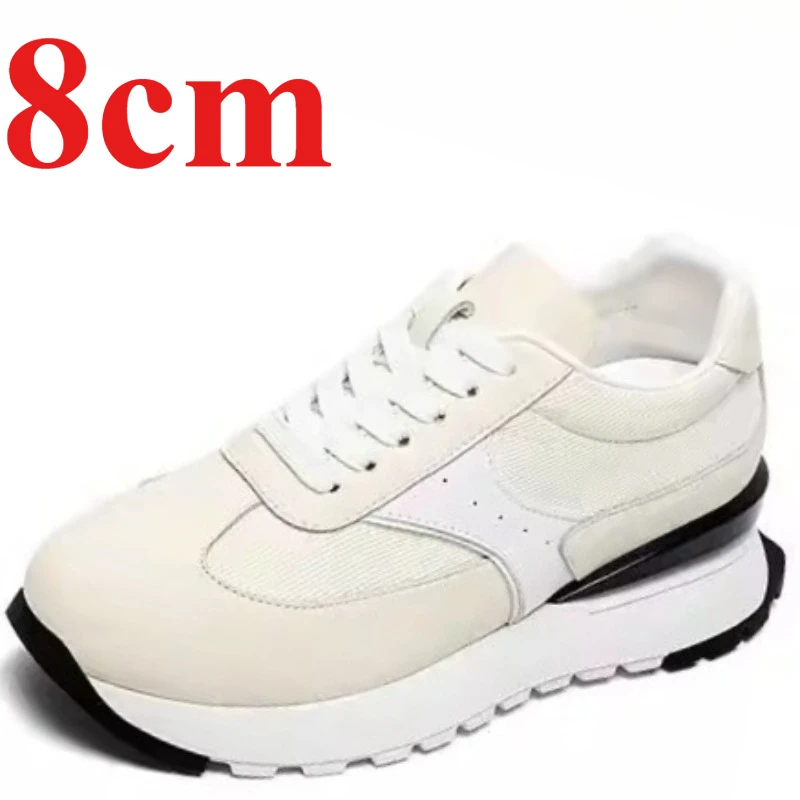 Europe/American 8cm White Hidden Heel Shoes Women's Genuine Leather Casual Sports Comfortable Lightweight Fashion Elevator Shoes