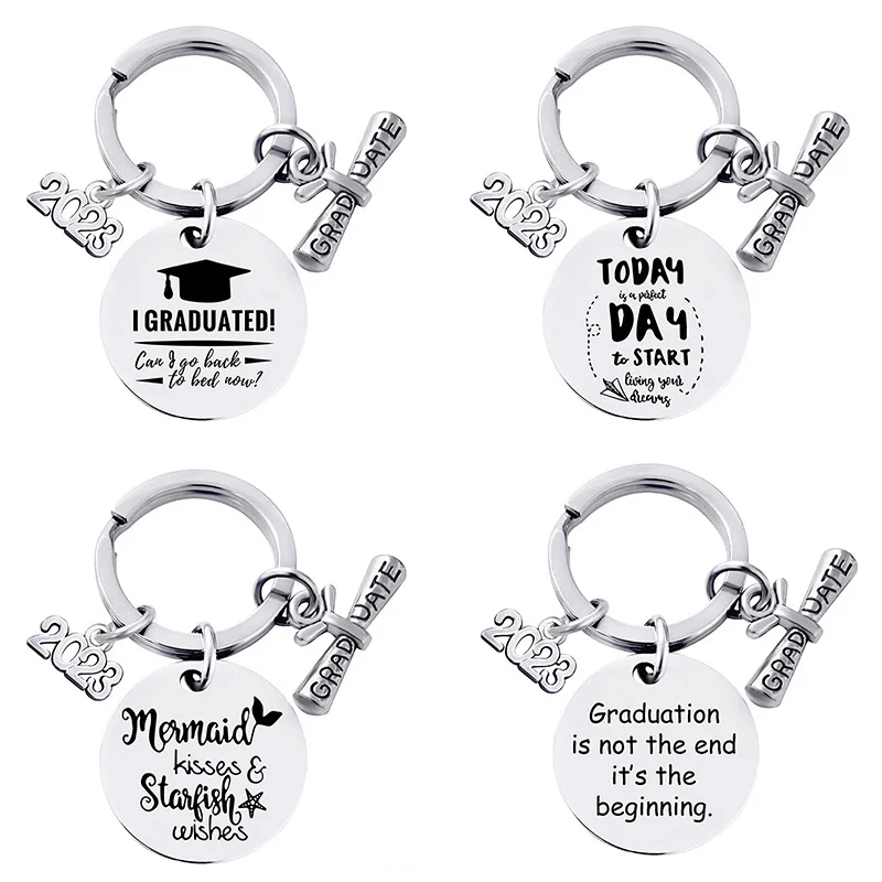 Keychain Pendant Stainless Steel Round Student 2024 Graduation Season Gift Bachelor Hat Gift Lettering Metal Key Ring Accessorie