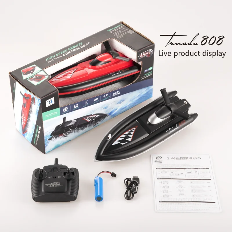 

Rc Boat 2.4G 25km/h 808 Shark Remote Control Boat Power Dual Rudder Motor Waterproof ABS High-speed Boat Toys Gift for Children