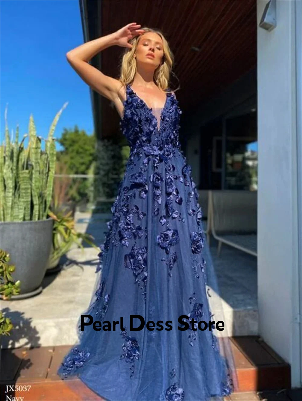 

2024 Deep Blue 3D Lace Evening Dress Women's V-neck Tulle Robe De Soiree Sleeveless Vestidos De Festa