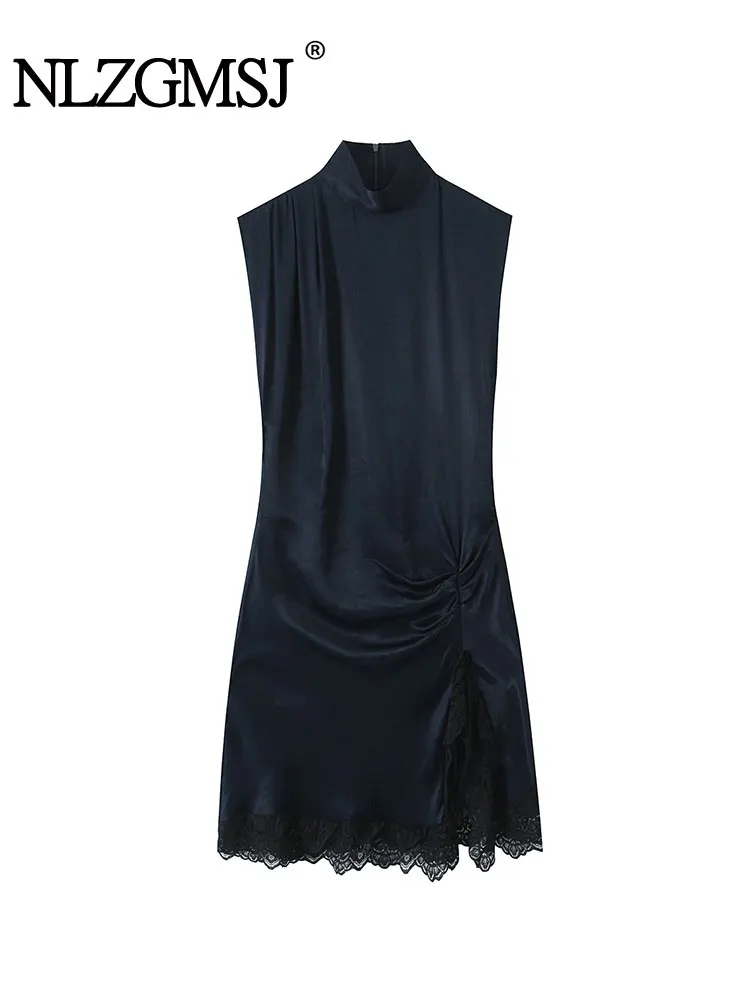 فستان قصير مثير للربيع لعام 2026 من NLZGMSJ فستان جديد بلون سادة بدون أكمام من الدانتيل للتجاعيد فساتين نسائية للحفلات المسائية