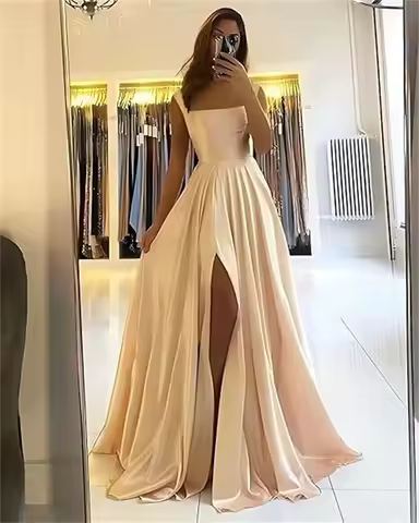 Spaghetti Straps Square Neck Long Bridesmaid Dress Satin A Line Formal Prom Evening Party Gown With Slit