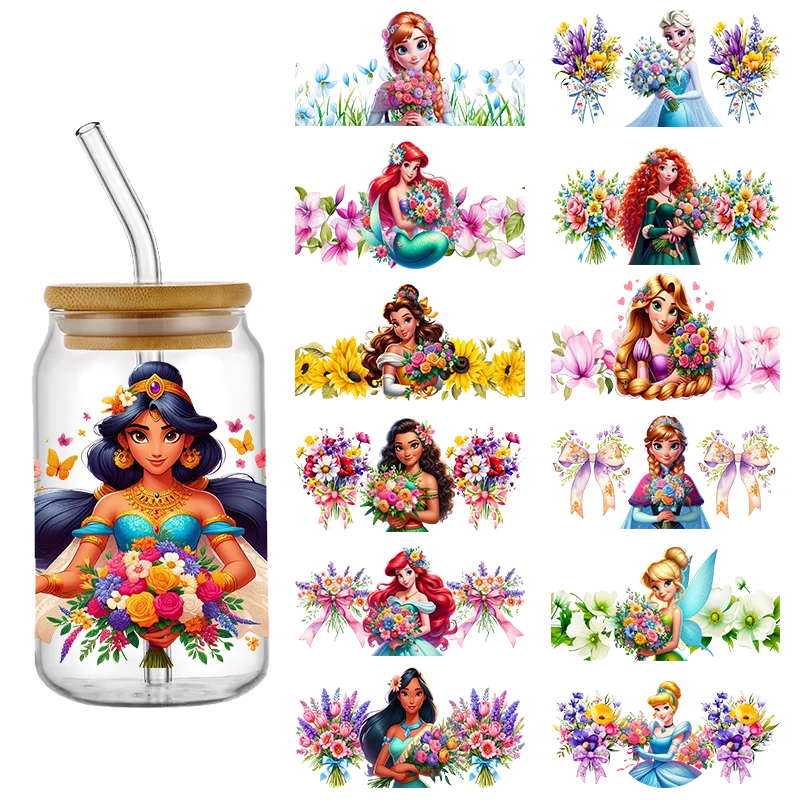Disney Princess Kawaii Flower UV DTF Cup Wrap For 16oz Bootle Libbey Can Plastics Self-adhesive Transfer Stickers Decals Custom