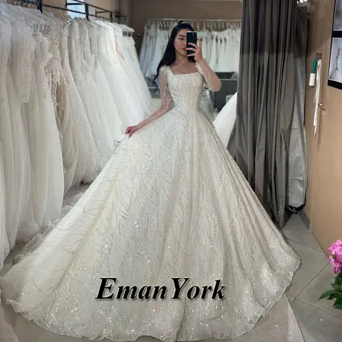 EmanY Glamorous A-line Wedding Dresses for Woman Tulle Square Collar Lacing Up Lace Appliques Abito Da Sposa Customized
