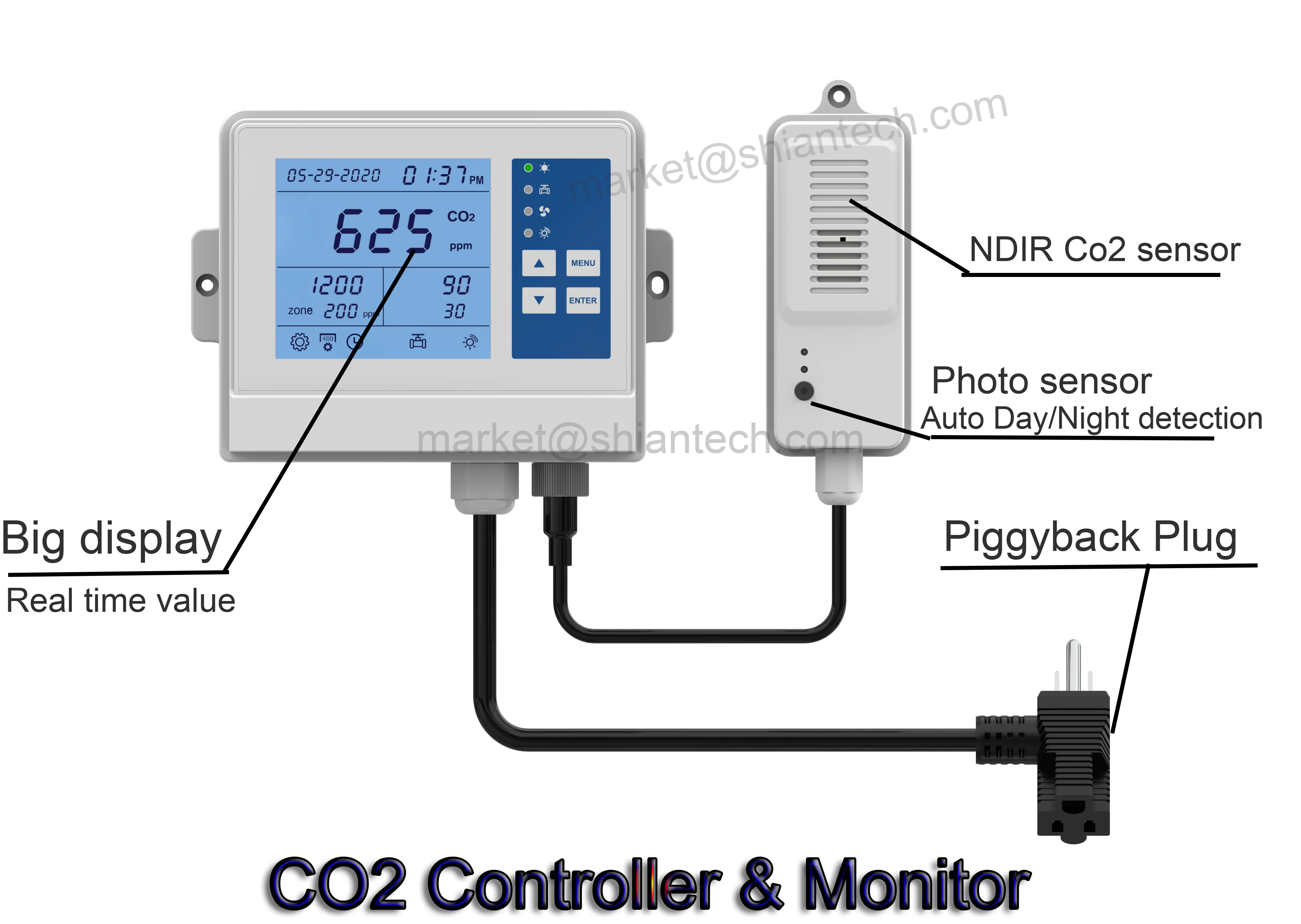 Digital CO2 Carbon Dioxide IAQ Monitor Controller with Relay Function 50m Cable NDIR Sensing Probe for Green House Home, Office