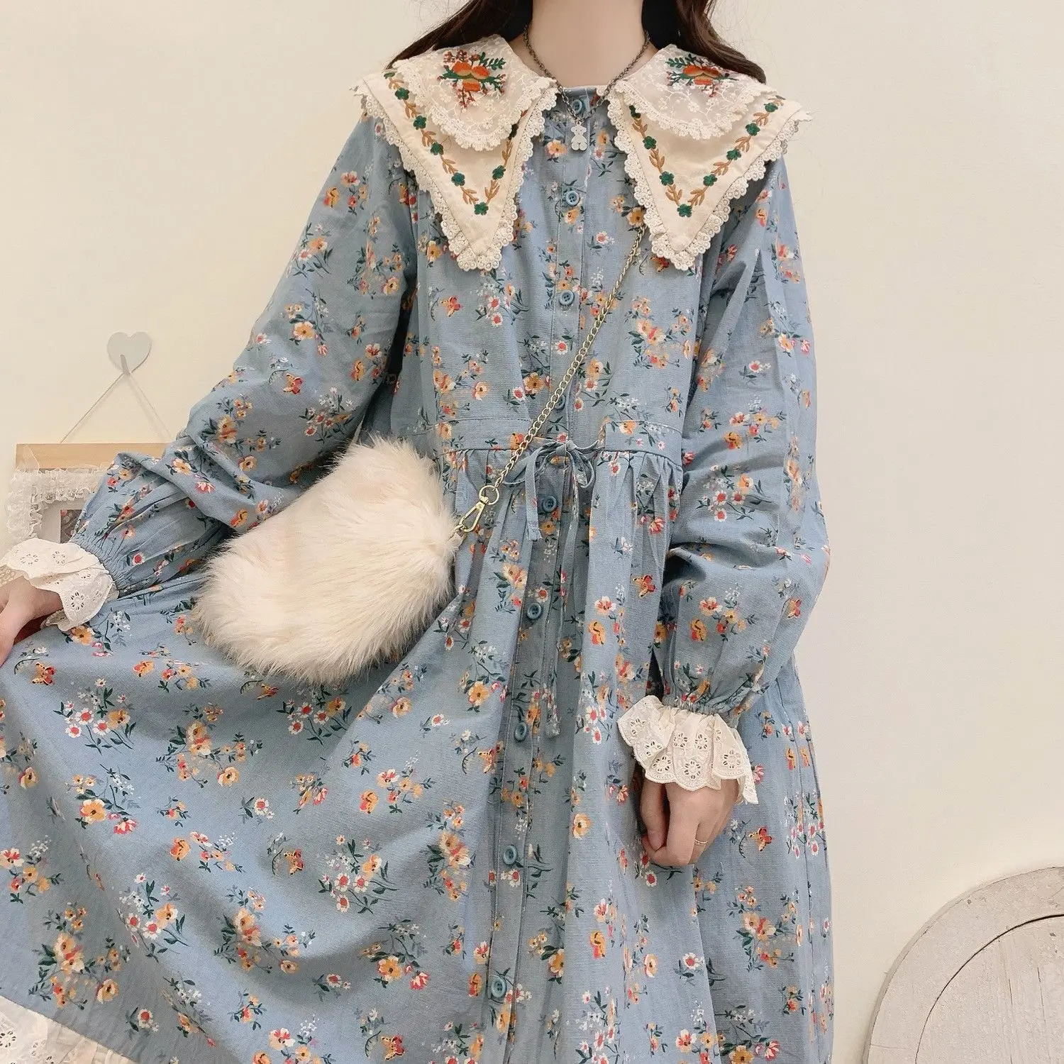 Japanese Mori Girl Art Print Dress Pretty style Cotton Linen Spring Women New Floral Dress Female Loose Long Sleeve Midi Dress