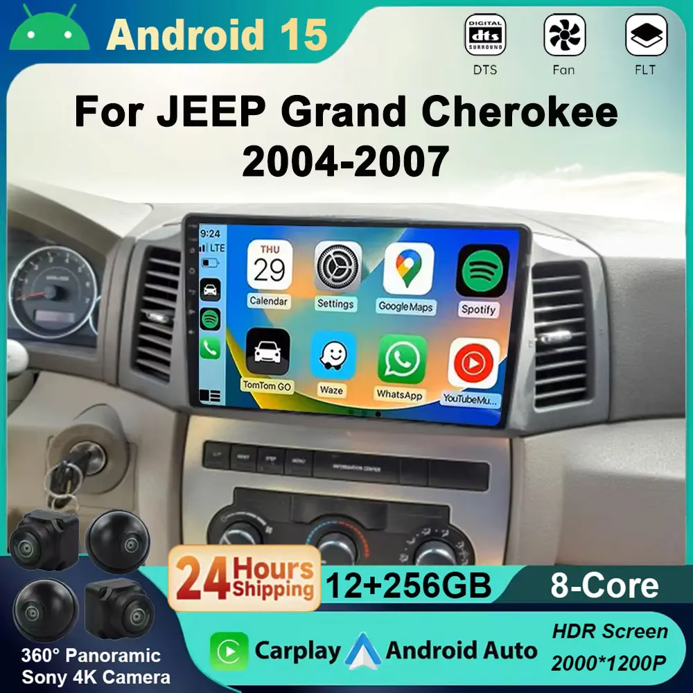 

Автомобильный радиоприемник Carplay Android 15, видео для JEEP Grand Cherokee 2004-2007, мультимедийный плеер, GPS-навигация, авторадио, стерео 4G BT DVD