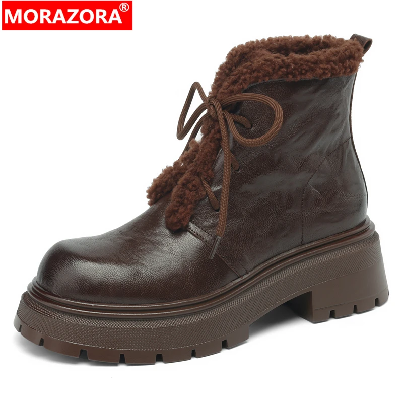 

MORAZORA Genuine Leather Snow Boots Lace Up Platform Winter Ankle Boots Brown Black Handmade Ladies Short Booties