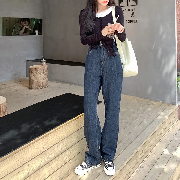 Rolled Hem Straight Leg Jeans High Waist Wide Leg Pants Denim Trousers