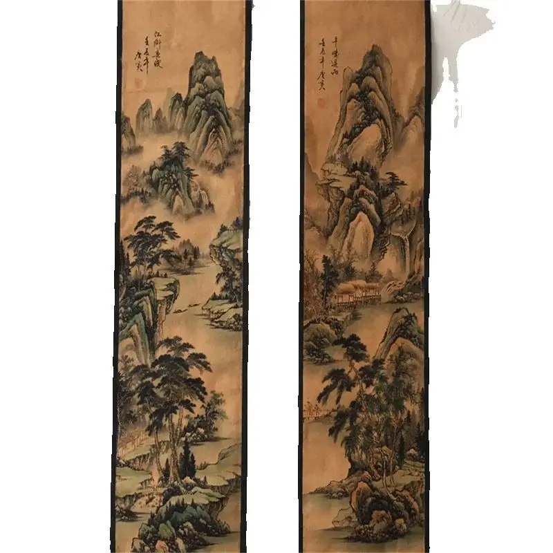 

Chinese Celebrity Old Scrolls Tang Yin's Landscape Painting, Four Screen Decorative Artwork for Home Or Office collectibles