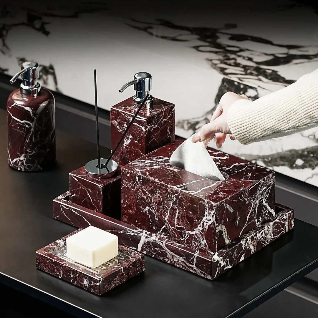 Luxury Natural Marble Rosa Levanto Bathroom Accessories for Home Decor Soap Dispenser Tissue Box Storage Tray Toothbrush Holder