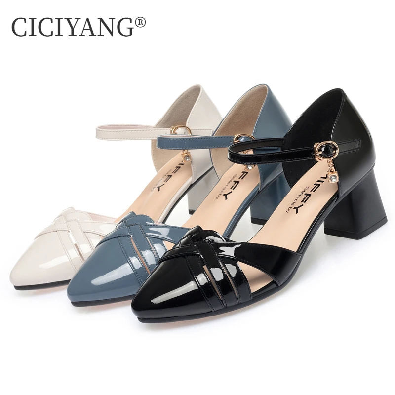 

CICIYANG Baotou Sandals Women 2024 New Ladies Summer Fashion Shoes Cover Heel Woven High Heels Pump Patent Leathe Single Shoes