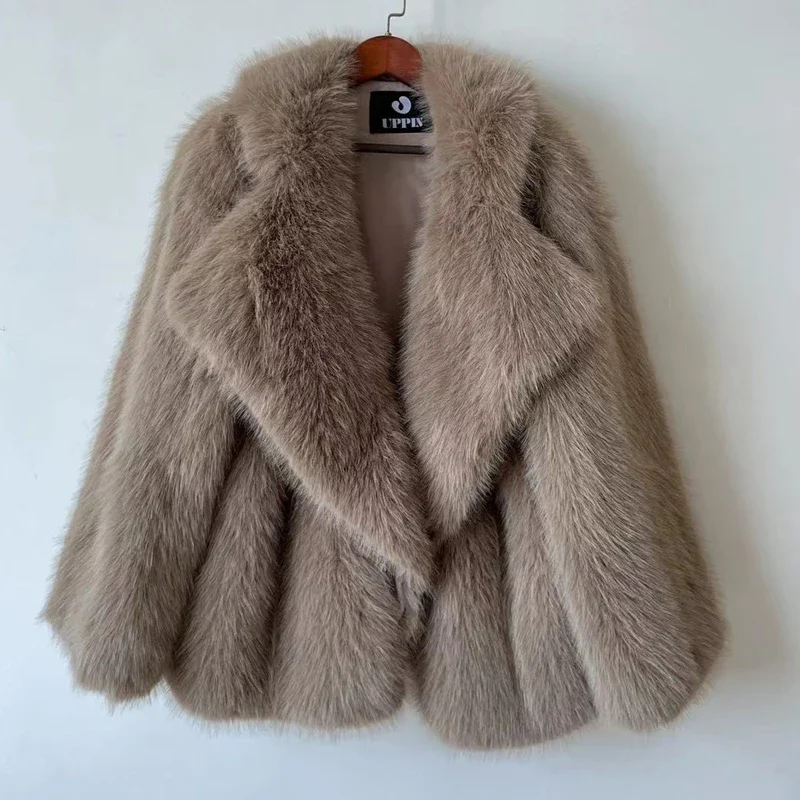 Cappotto di pelliccia di volpe stile street alla moda Colletto ampio Cappotto di pelliccia imitazione medio lungo per donna Autunno-inverno