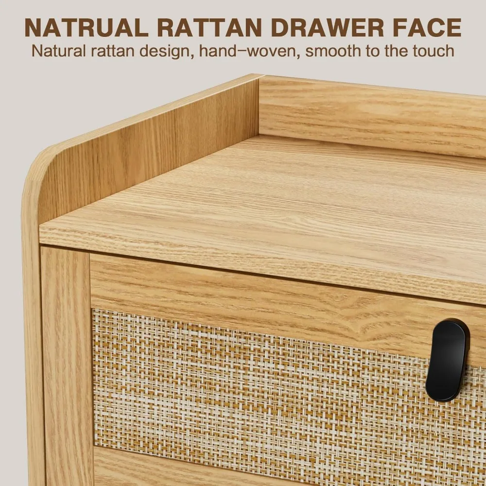 3 Drawer Rattan Dresser for Bedroom, Chest of Drawer, Modern Wood 3 Drawer Dresser with Natural Rattan Drawer for Entry