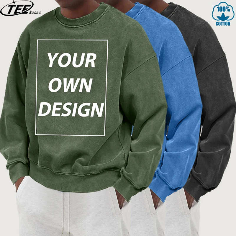 Customized DIY Print Man's Autumn Vintage Washed Sweatshirts Cotton Casual Pullovers Street Loose Sportswear Trendy Youthful Top