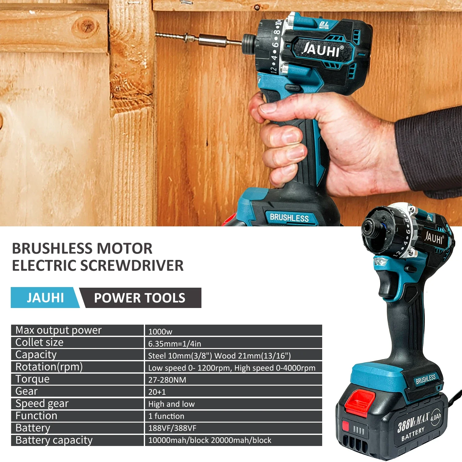 JAUHI 2in1 Brushless Electric Screwdriver 280N.m Multifunctional  Cordless Electric Screw Driver Drills for Makita 18V battery