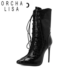 ORCHA LISA Fashion Female Mid Calf Boots Plaid Pointed Toe Stiletto 12cm Zipper Lace Up Plus Size 46 47 48 Sexy Party Dating Bot