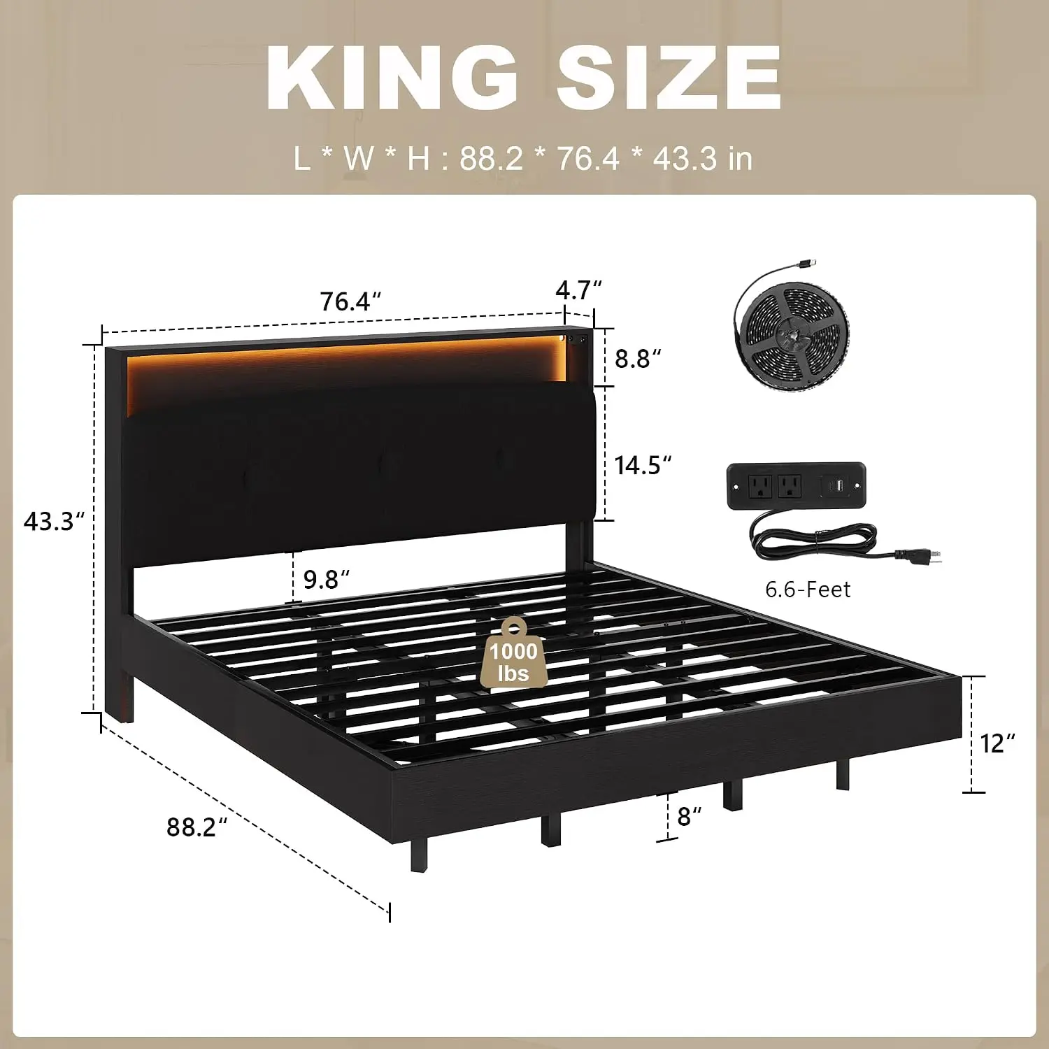 Floating Bed Frame With Charging Station & LED Light, Storage Headboard, Heavy Slats, Noise Free, Black, Customized