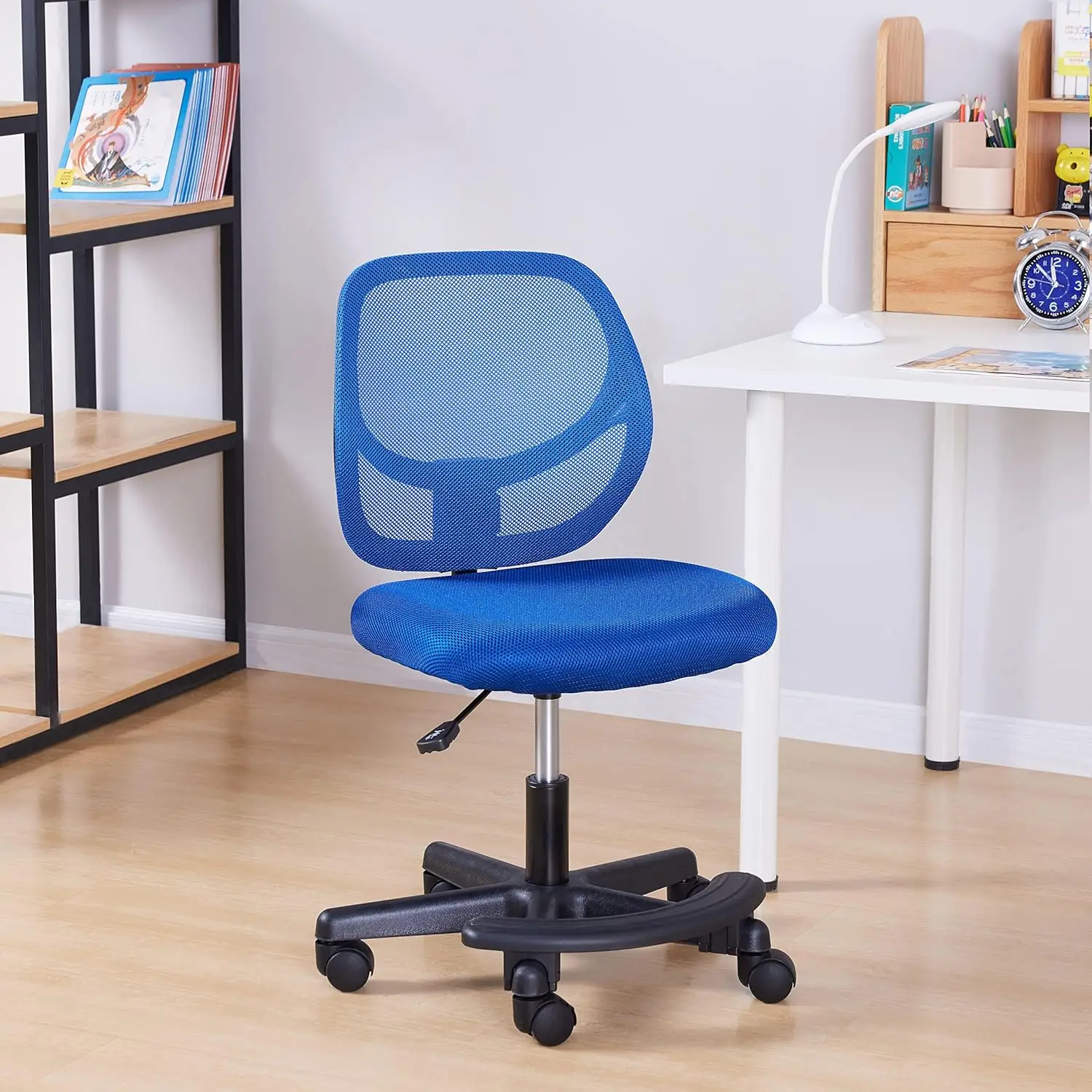 Basics Kids Adjustable Mesh Low-Back Swivel Study Desk Chair with Footrest, Blue