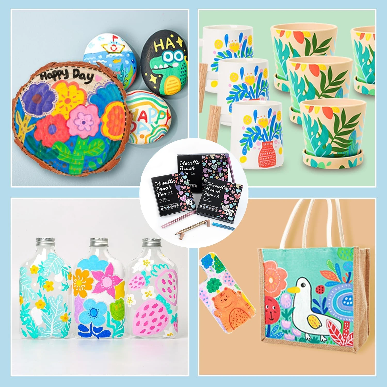 Soft Brush Metallic Paint Marker Set, Double-Ended Fine Tip & Brush Tip, Markers Are Suitable For DIY Painting Projects On Rocks