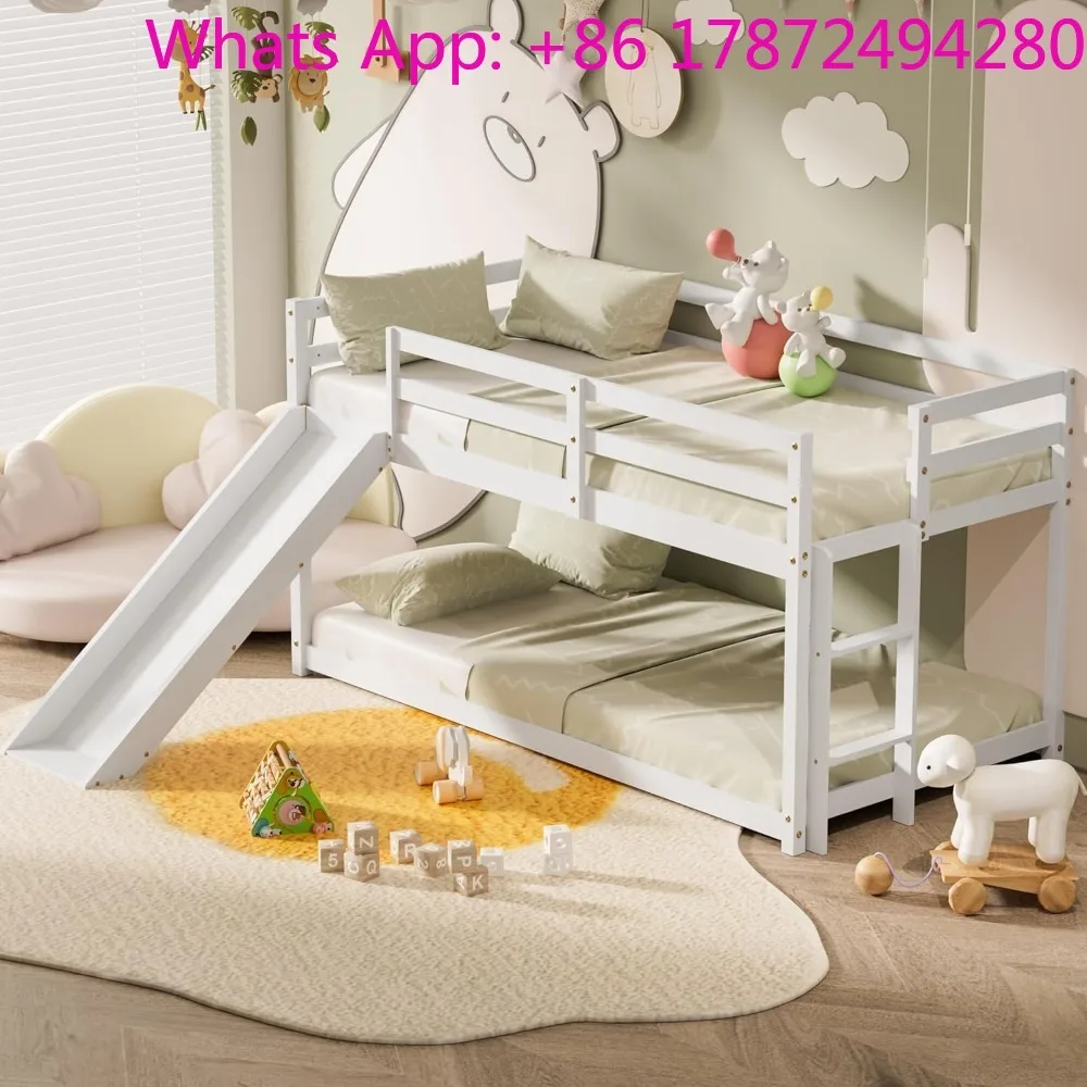 Floor Loft Bed with Climbing Ladder, Wood Twin Bunk Bed Frame with Full Guardrails & Storage Space