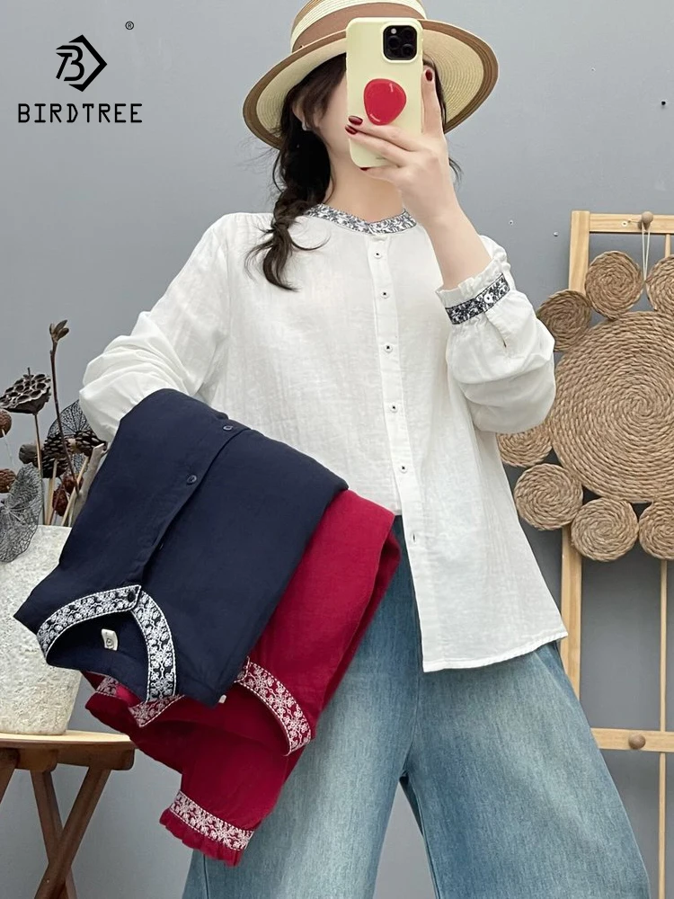 

New 2026 Spring Women Cotton Yarn Long Sleeve Shirt, Stand Embroidery, Mori Girl Vintage OL Ethnic Style Loose Blouse T62130CC