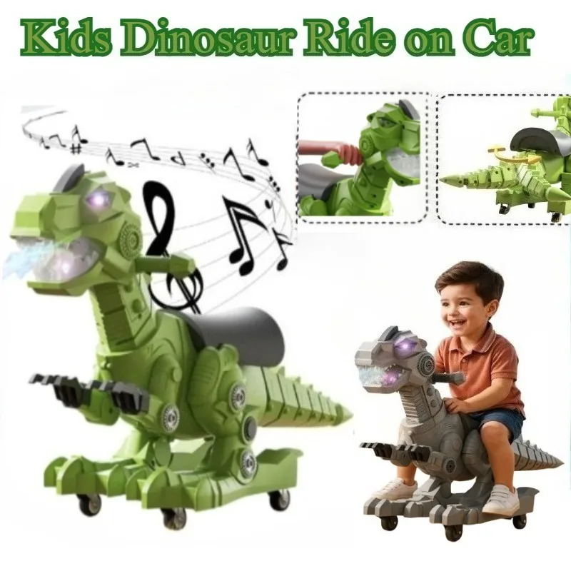 Dinosaur Ride on Toys Toddler Ride on Cars with Music Light & Mist Spray Wagging Tail Chrismas Birthday Gifts Indoor Outdoor