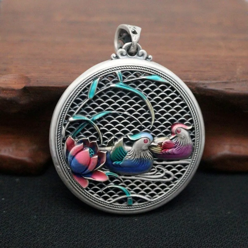 

Real Pure 999 Fine Silver Women Lucky Hollow Enamel Lotus Duck Round Pendant 18-19g