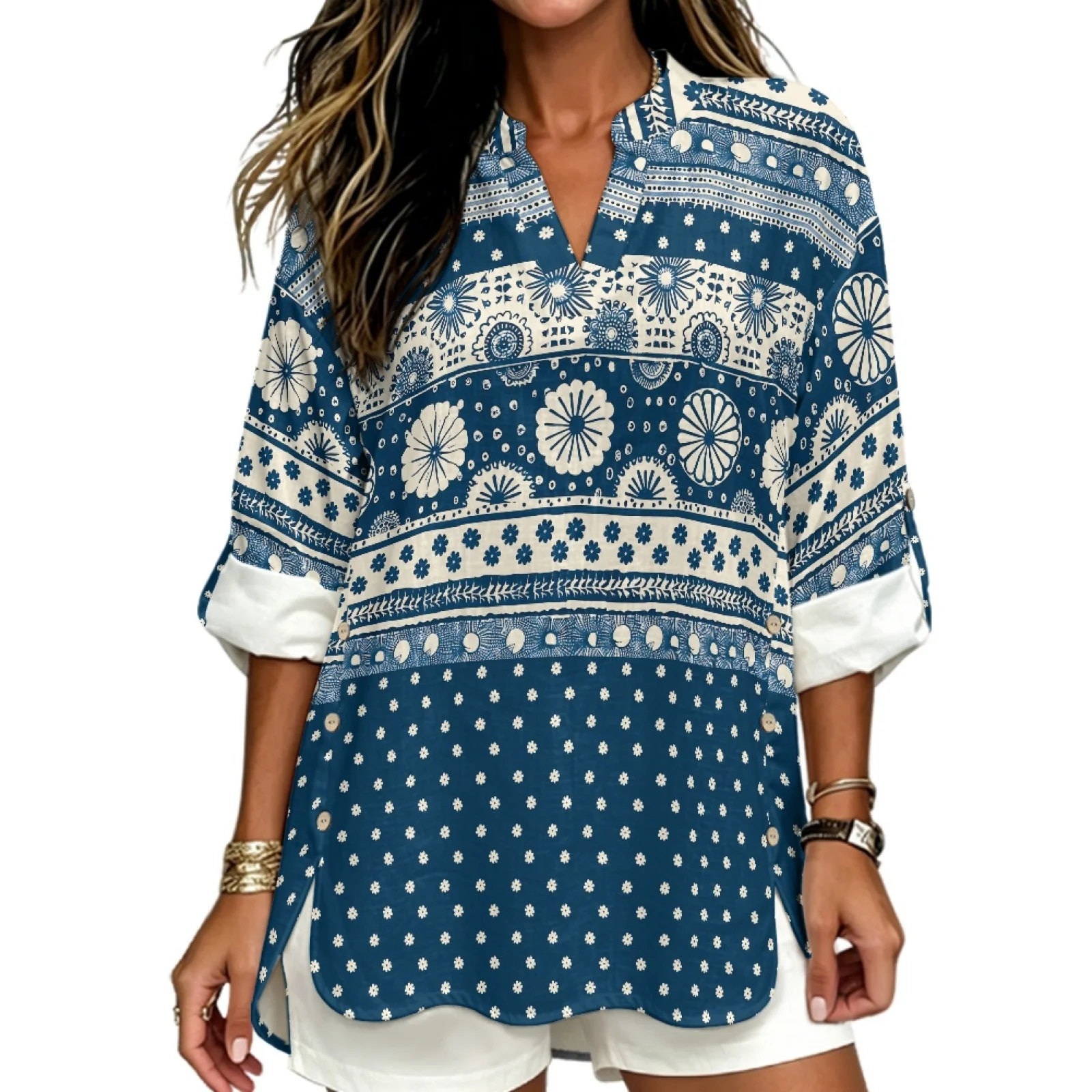 PENSTROLL Blue Stripe Pattern 3/4 Sleeve Women's Blouse for Ladies Linen Like V Neck Long Sleeve Tops Notch V Neck Blouses