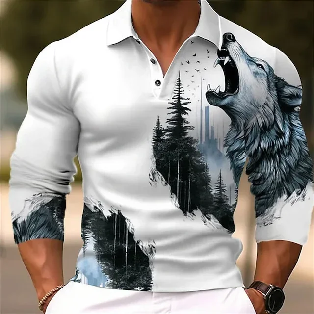 Autumn Men's Polo Shirt 3D Wolf Printed Graphic Lapel Pullover Fashion New Long Sleeve Shirts Casual Oversize Clothes Loose Tops