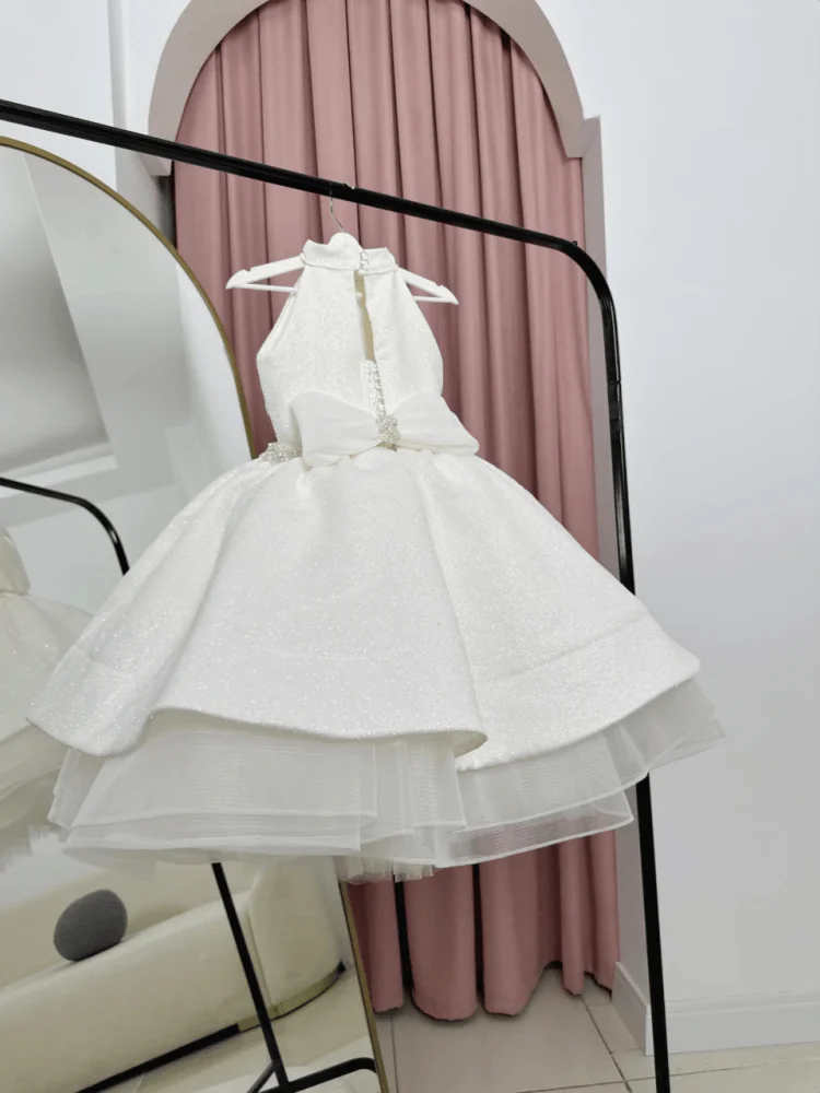 Custom Flower Girl Dress Halter Neck Side Waist Multi-Layer Ruffle Tulle Short Puffy Cutout for Birthday Photoshoot Outfit