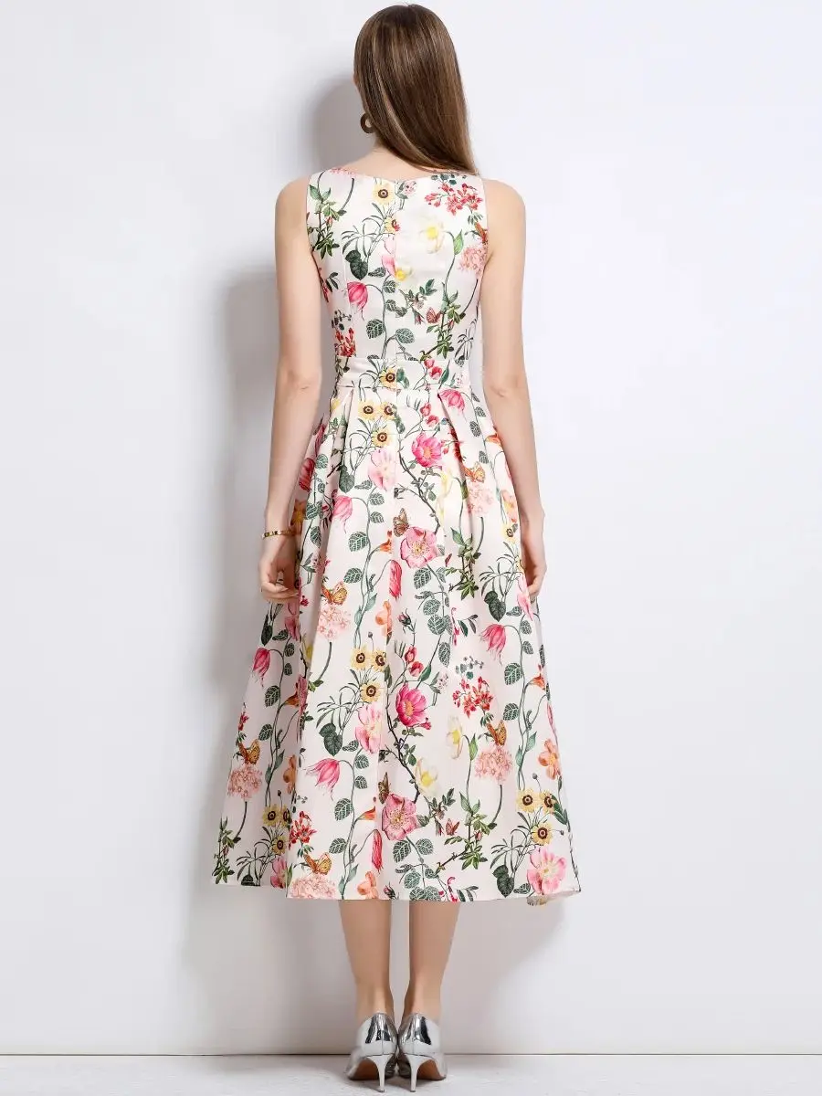 2025 neue Sommer Frau Kleider Elegante Oansatz Ärmellose Hohe Taille Drucken Midi Kleider Weibliche Kleidung