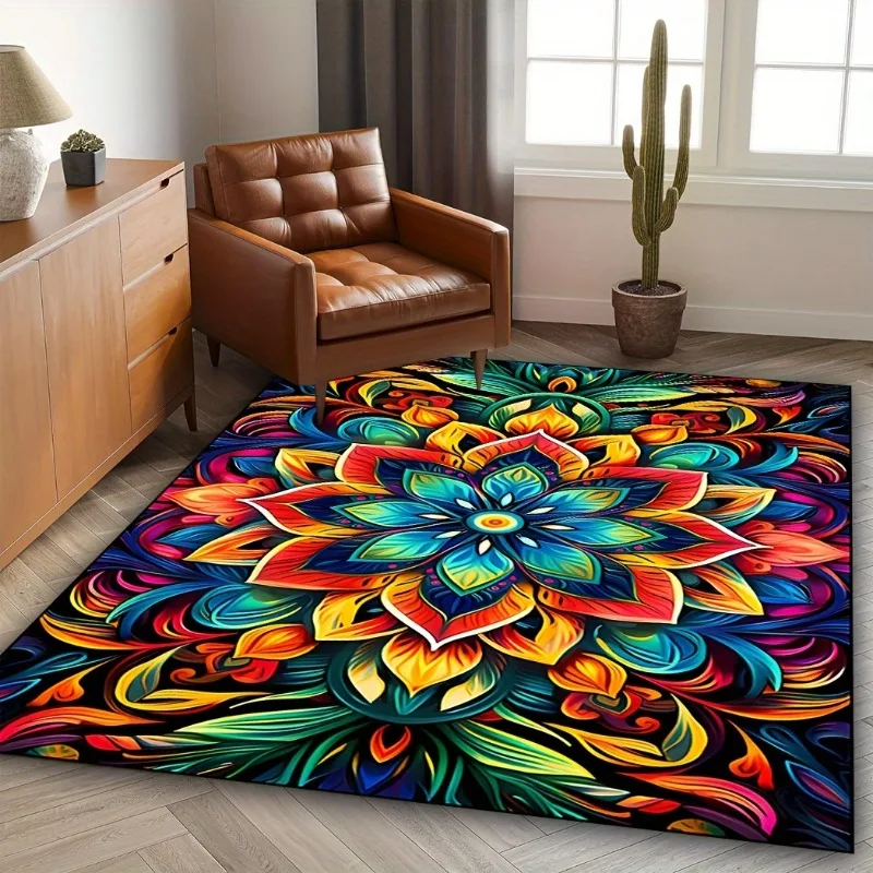 Vintage Mandala Flower Pattern Area Rug Machine Washable Flannel Carpets Non-slip Floor Mat for Bedroom Living Room Home Decor