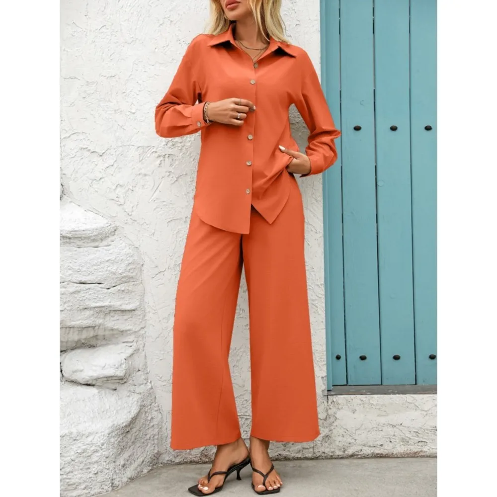 Casual Revers Hemd Lange Ärmel frauen Zwei-stück Set Frühling Sommer Neue Mode Elastische Taille Spitze-up Lange hosen Weibliche Set 2025
