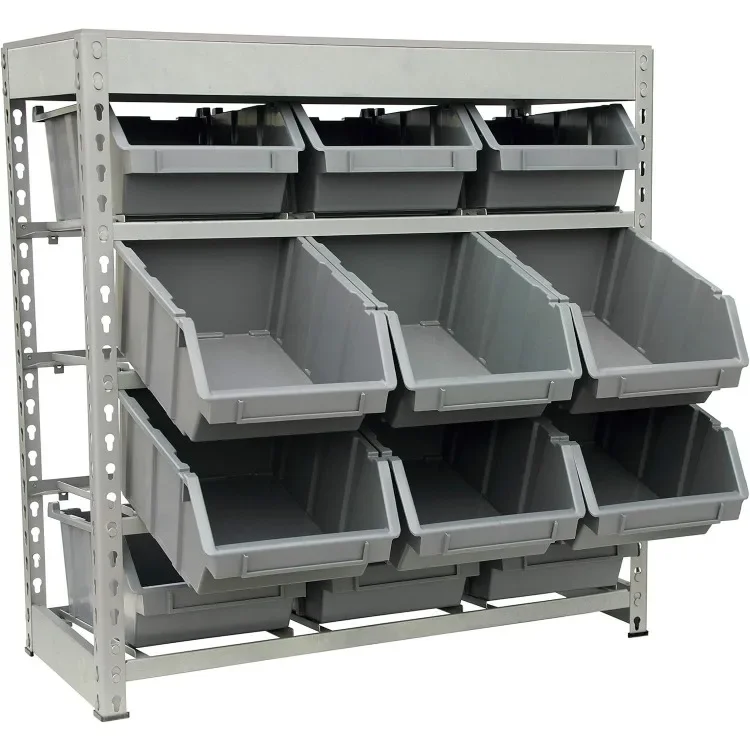 home.Bin Rack Boltless Steel Storage System Organizer w/ 12 Plastic Bins in 4 tiers