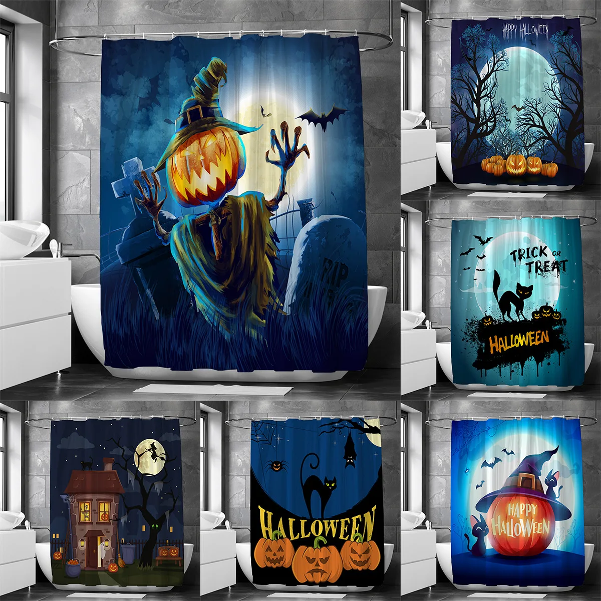 Happy Halloween Shower Curtain Pumpkin Spooky Black Cat Castle Bat Moon Gothic Polyester Fabric Bathroom Shower Curtains Sets